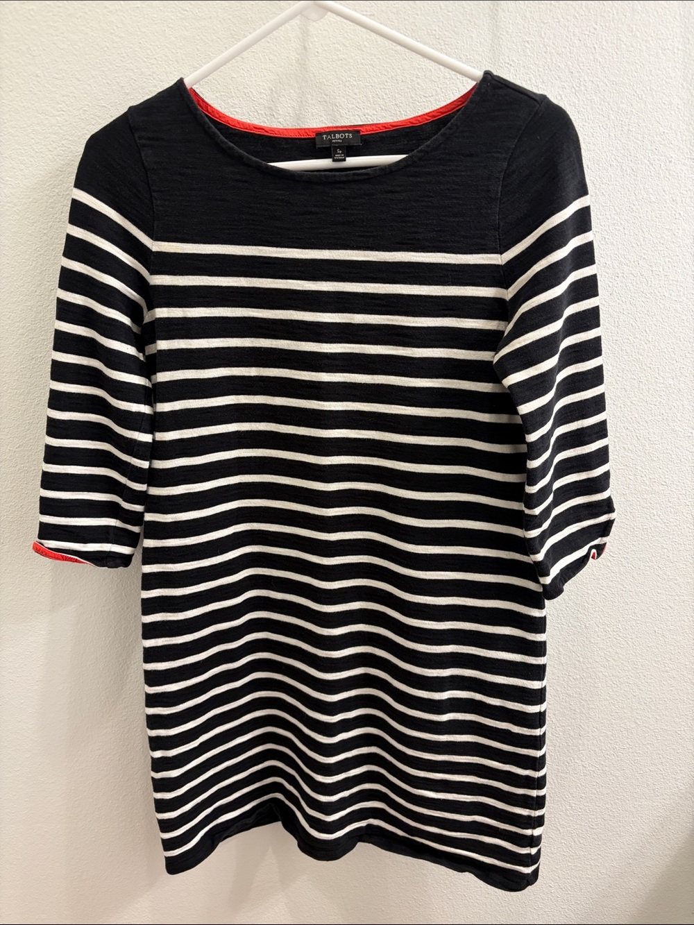 Talbots Petite Black & White Striped Boatneck Mini Dress with Red Trim